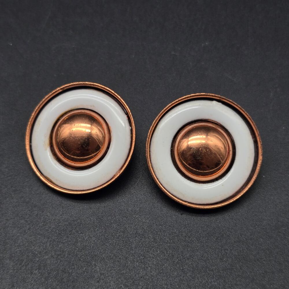 Matisse Copper Tone White Donut Ring Earrings Clip On Vintage Jewelry
